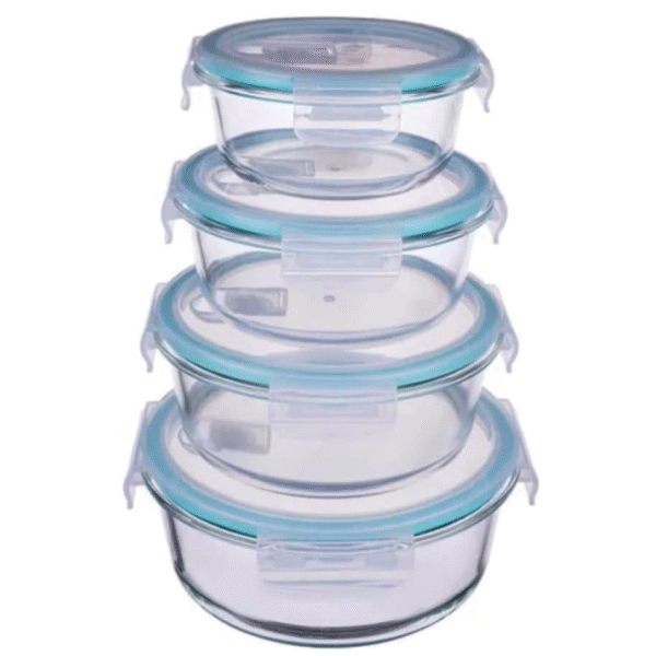 Premium Round Glass Containers with Lids 4 Pack- Food Storage Containers, Kitchen and Fridge Storage, Airtight Meal Prep, Dishwasher and Microwave safe Glass Tupperware with Lids